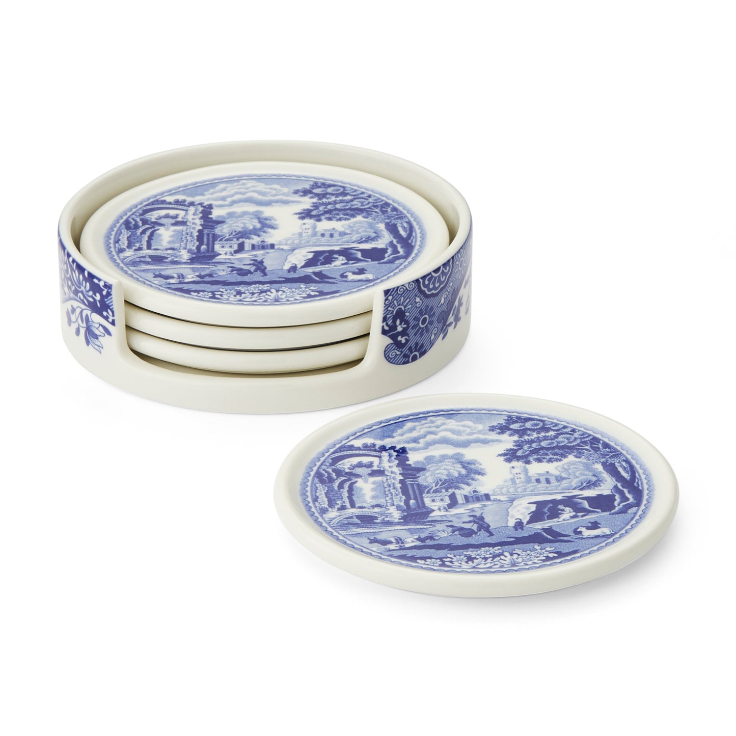 Blue Italian Ceramic Coasters with Holder - Set of 4